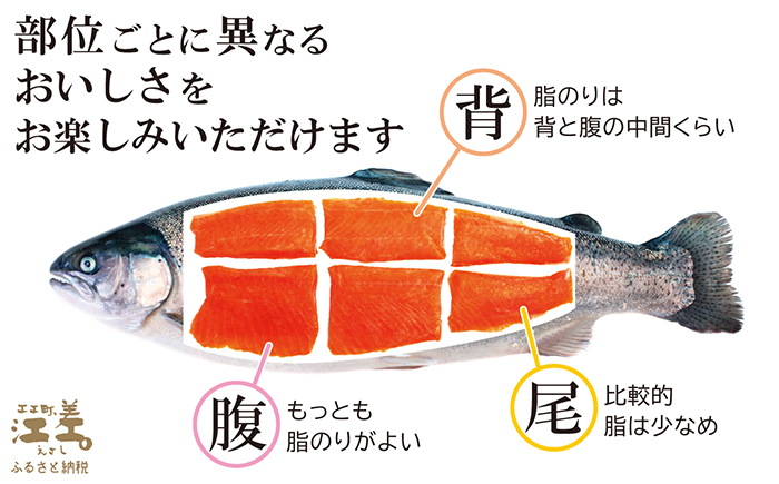 北海道産 サーモンのルイベ〈冷凍刺身〉お刺身用ブロック 3個　日本海 かもめ島海面養殖　純国産 ブランドサーモン『江さしっ子 繁虎』　とろける脂　活締め　浜のかあさん手作り　生食可　冷凍　小分け　個包
