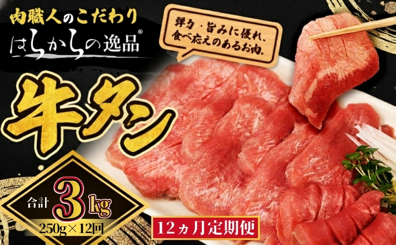 【12ヵ月連続定期便】大人気 牛タン 厳選成牛たん 3kg 250g×12回 職人仕込み 秘伝の塩味 はらからの逸品 牛たん 厚切り 厚切 焼肉 スライス 牛 牛肉 肉 お肉 ぎゅうたん おつまみ バーベキュー BBQ 塩 はらから