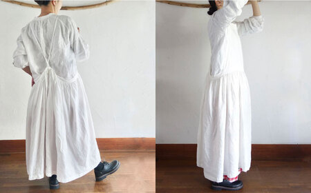 ギャザーたっぷりリネンの エプロンワンピース(紐調整) 【Jonico.handwork】[AKGD003]