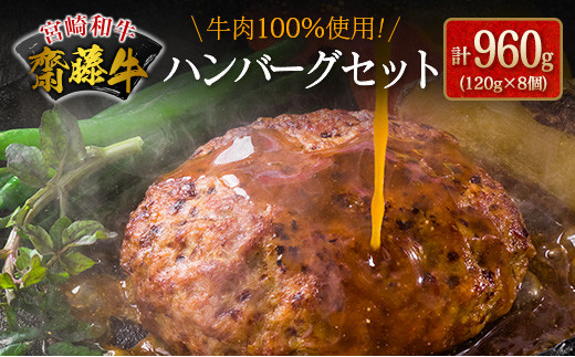 
牛肉100％使用！宮崎和牛『齋藤牛』ハンバーグセット 計960g(120g×8個) 【B549】
