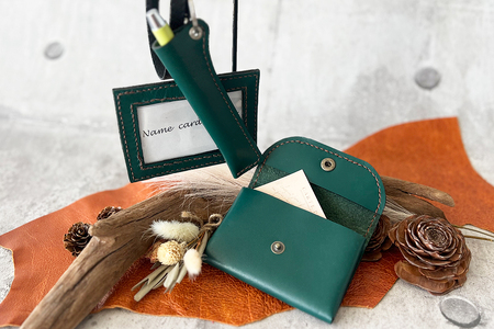 レザー3点セット グリーン (ネームフォルダー、ペンフォルダー、カードケース)｜名刺入れ 文房用品 事務用品 ビジネス 手作り [0356]