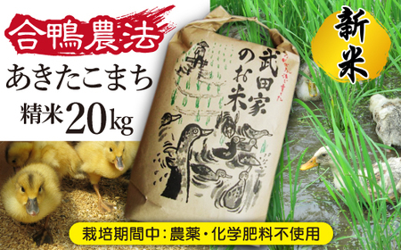 《令和６年度産》 新米 武田家のお米 あきたこまち（精米）20kg＜合鴨農法＞【米農家 仁左ェ門】 / 米 白米 ５キロ ４袋 アイガモ