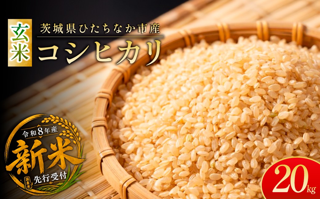 
                  令和8年度米 コシヒカリ 玄米 20kg 農家直送 | 新米 令和8年 先行受付 期間限定　コシヒカリ こしひかり 米 お米 おこめ こめ 玄米 ごはん ご飯 コシヒカリ こしひかり コシヒカリ 厳選米 茨城県産 こしひかり 産地直送 国産 冷めてもおいしい 美味しい こだわり 甘みが強い ふっくら 艶やか 茨城県 ひたちなか市
                