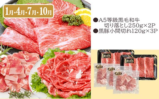 定期便(3回配送)黒毛和牛・黒豚&薩摩の甘エビ　DD5-0002【1573827】 _ 肉 お肉 魚 牛肉 豚肉 かつお A5等級 黒毛和牛 切り落とし 黒豚 小間切れ 天然 タカエビ 海老 鰹 タタ