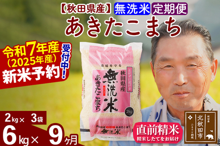 ※令和7年産 新米予約※《定期便9ヶ月》秋田県産 あきたこまち 6kg【無洗米】(2kg小分け袋) 2025年産 お届け時期選べる お届け周期調整可能 隔月に調整OK お米 おおもり