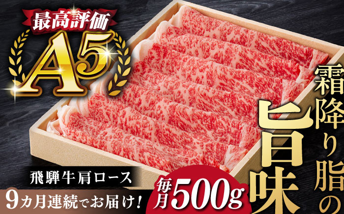 
【9回定期便】飛騨牛 すきやき しゃぶしゃぶ 500g ロース（肩ロース） 5等級 A5 贅沢三昧定期便 国産 和牛 岐阜県 岐阜市/だるまミート [ANBE006]
