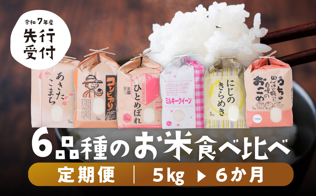 
            【 令和7年産 】6品種 食べ比べ定期便 5kg ×6回 6か月 計 30kg 米 こめ ごはん 白米 岐阜県産 本巣市 お米 精米 おにぎり 弁当 やわらかい もちもち 旨味 甘い 和食 寿司 アグリード 先行予約 2025年10月下旬頃～発送開始 令和7年 新米
          