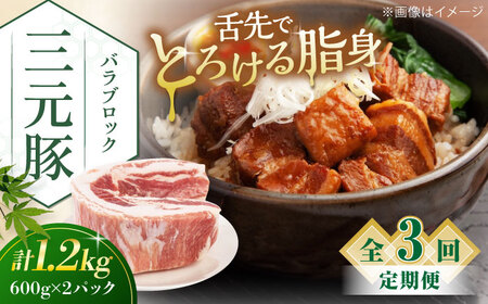 【全3回定期便】三元豚 バラブロック1.2kg（600g×2パック）《喜茂別町》【平田牧場】 肉 豚肉 バラ ブロック 煮豚 酢豚 煮物 冷凍配送[AJAP107]