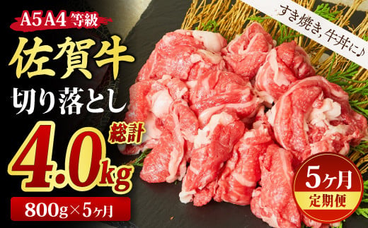 
【5回定期便】佐賀牛 贅沢 切り落とし 800g（合計4kg）【すき焼き用牛肉 すき焼き用 すき焼き 牛丼 A5 A4 希少 国産和牛 牛肉 肉 牛】(H085186)
