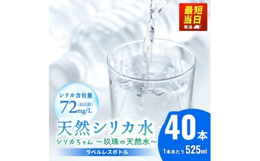天然 シリカ 水 525ml × 40本 ＜シリカちゃん〜玖珠の天然水〜＞ ラベルレス 天然水 シリカ水 ミネラルウォーター 大分県 国産 天然シリカ 水 シリカ水 ミネラルウォーター 国産 保存可能 水 ペットボトル 長期保存水 備蓄水 備蓄用 非常災害備蓄用 災害 避難用品 防災 SDGs