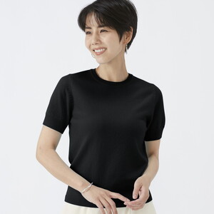 日本製 カシミヤ100% レディース クルーネック半袖 ブラック S～Lサイズ