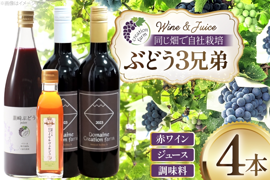 
                  ぶどう 赤ワイン 樽熟成 赤ワイン ステンレスタンク熟成 ブドウジュース ロワイヤルヴェルジュ 750ml × 2本 720ml × 1本 190ml × 1本 ( 4本 セット )  [Creation farm 山梨県 韮崎市 20745311] 赤 ワイン 果物 ジュース アルコール 飲み比べセット
                