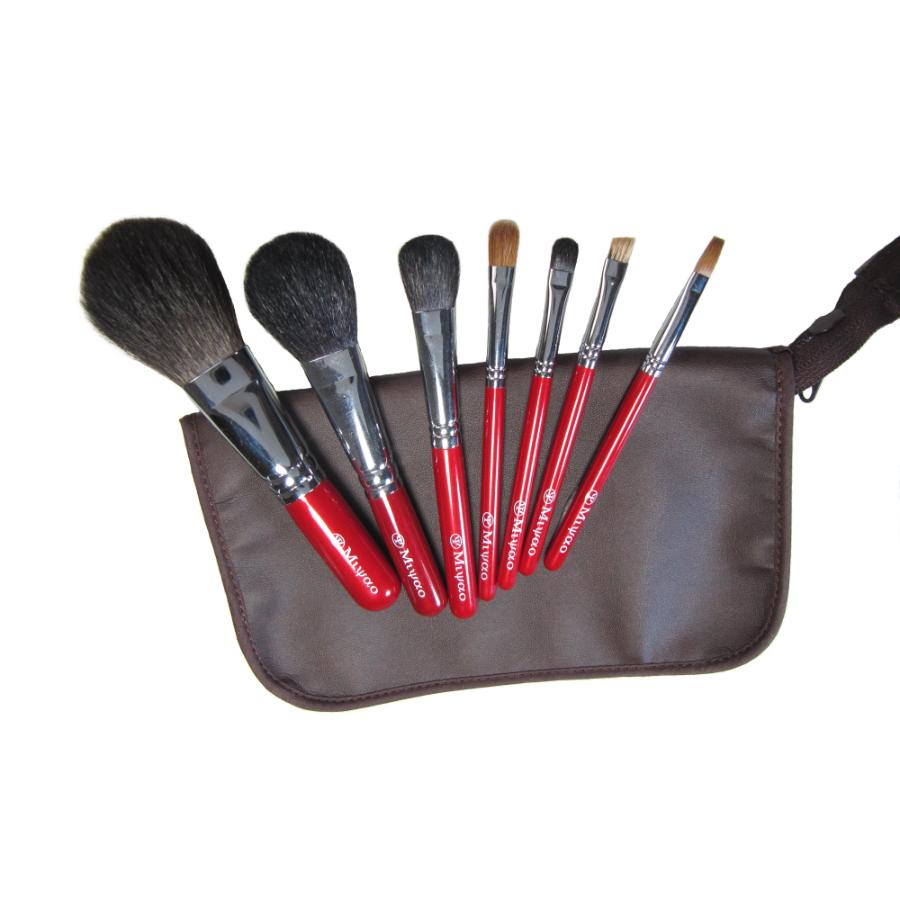＜癒しの熊野化粧筆宮尾＞熊野筆 レッドパール７本セット＆携帯用ポーチ（灰リス100％パウダーブラシ） B-J