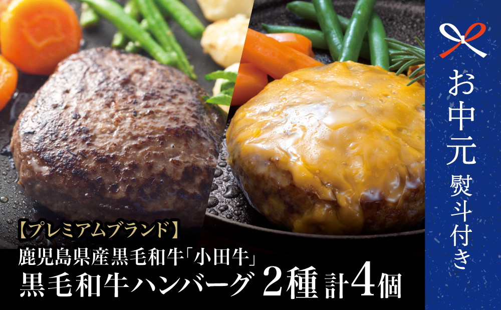 
            【お中元ギフト】プレミアムブランド 鹿児島県産黒毛和牛「小田牛」 牛肉100％ 2種類のハンバーグステーキ 計4個（120g×各2個）チーズハンバーグ 牛肉 総菜 おかず レトルト 黒毛和牛 小田畜産 冷凍 ギフト 贈答 南さつま市
          