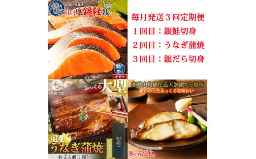 【毎月定期便】魚鶴お楽しみ海鮮3種セット(銀鮭切身・うなぎ蒲焼・銀だら切身)全3回    / 銀鱈 さけ だし うなぎ たら 魚 切り身 切身 魚 海鮮 焼き魚 ご飯のおとも おかず【tkb418】