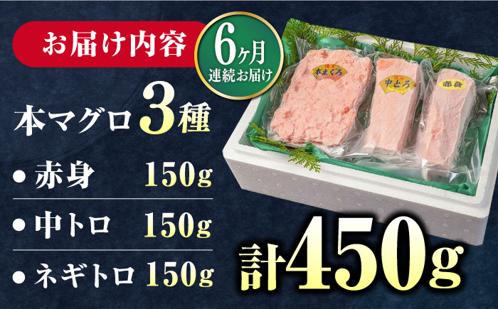 【全6回定期便】対馬産 本マグロ 3種 計450g（赤身/中トロ/ネギトロ）《対馬市》【対海】[WAH013] マグロ まぐろ 鮪 本鮪 本マグロ 養殖 トロ 中トロ 中とろ 赤身 ねぎとろ ネギトロ