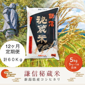 令和7年産 新潟県産 コシヒカリ 定期便（5kg×12回分） 謙信秘蔵米  真空 窒素挿入 冬眠パック 米 お米 コメ 上越 上越産 上越米 上杉謙信