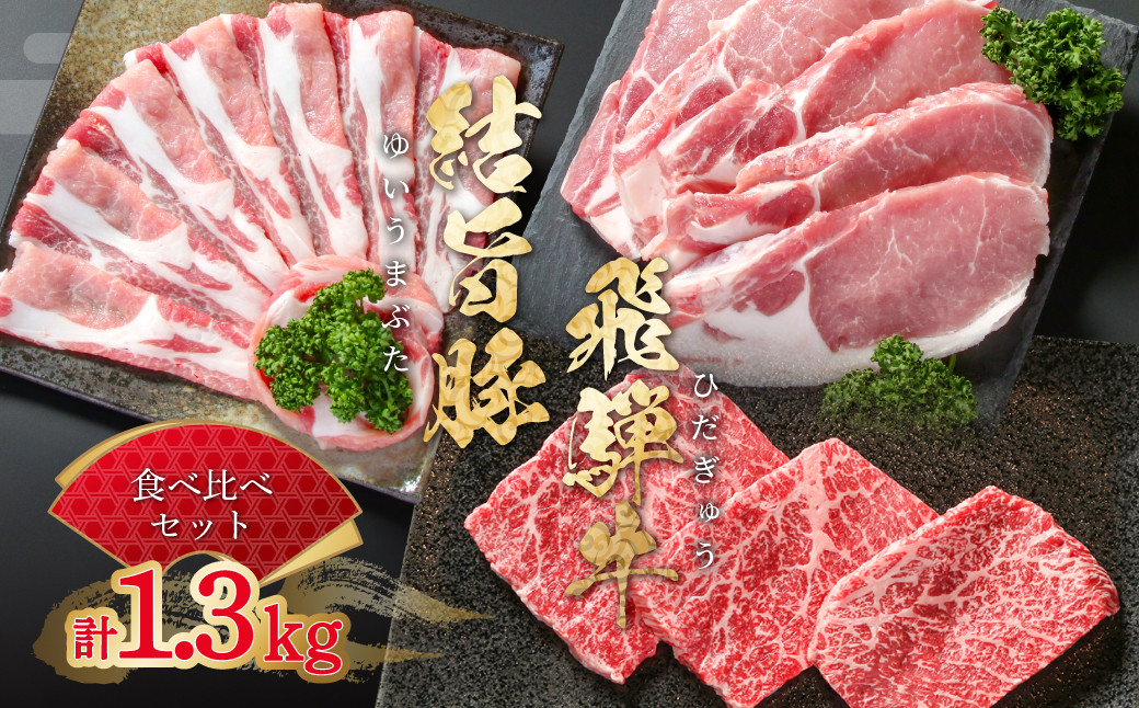 
                  飛騨牛 結旨豚 食べ比べ セット 計1.3kg とんかつ ローススライス 赤身 ステーキ 冷凍真空パック | 肉 お肉 すき焼き 鍋 しゃぶしゃぶ 黒毛和牛 和牛 人気 おすすめ 牛肉 豚肉 ギフト お取り寄せ 25000円【MS021】 
                