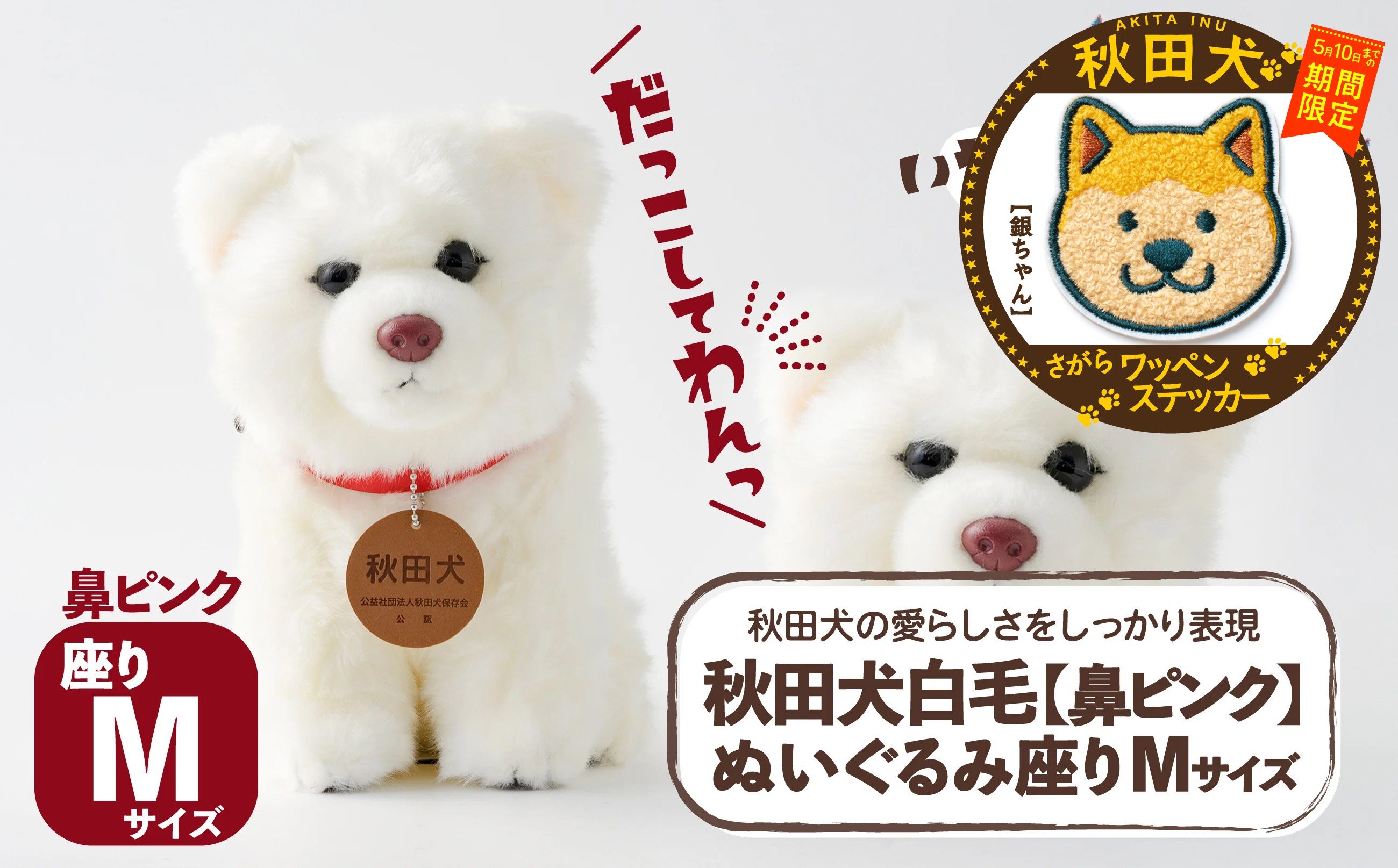 
                  【マルイプロデュース】 【受付期間2026年2月4日12時～2026年5月10日】 秋田犬白毛(鼻ピンク)ぬいぐるみ 座りＭサイズ・秋田犬さがらワッペンステッカー「銀ちゃん」 85P7315 / 秋田犬 ぬいぐるみ 贈り物 贈答用 犬 犬グッズ あきたいぬ あきたけん 秋田犬の里 忠犬 ハチ公 ハチコウ はちこう 贈り物 誕生日 バースデー プレゼント クリスマス ギフト ふわふわ もふもふ
                