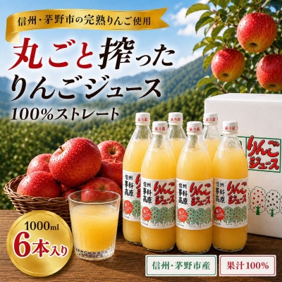 八ヶ岳の麓 信州蓼科高原産 りんごジュース(果汁100%)1000ml×6本【1772894】