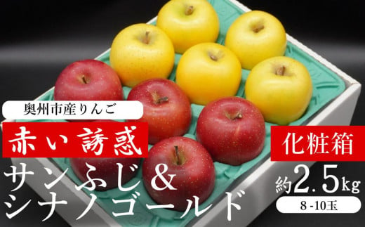 奥州市産りんご　赤い誘惑「サンふじ＆シナノゴールド」化粧箱約2.5kg　８－10玉 贈答用  JA岩手ふるさと