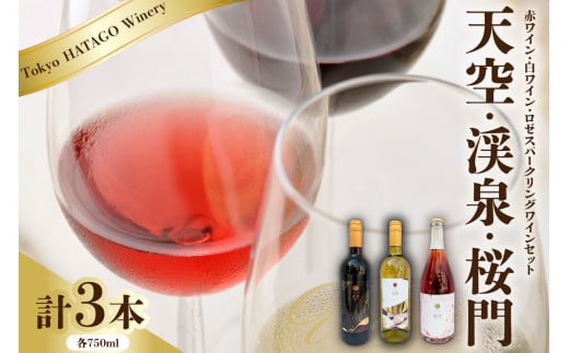 Tokyo HATAGO Winery 赤ワイン 『天空』 （テンクウ）& 白ワイン　『渓泉』 （ケイセン）& ロゼスパークリング 桜門 （オウモン）３本セット 各750ml
