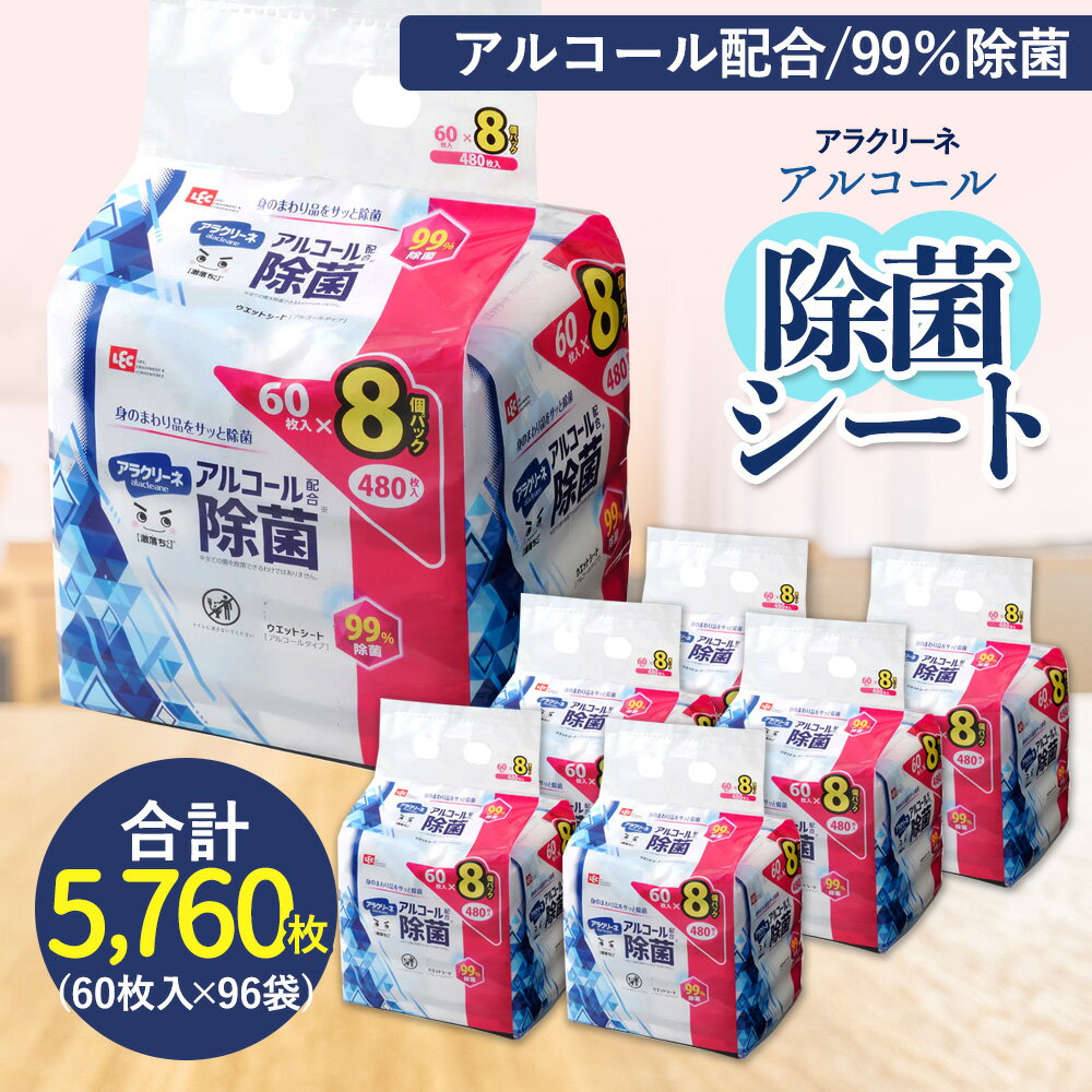 【ふるさと納税】アルコール除菌シート 99%除菌 60枚×8パック×12袋（計5760枚） [ 携帯用ウエットティッシュ アルコール アルコール除菌 日本製 ウエットシート 不織布シート アラクリーネ 持ち歩き 日用品 不織布 衛生対策 送料無料 三豊市 返礼品 レック まとめ買い ]