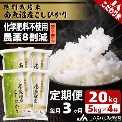 ふるさと納税 南魚沼市 【毎月定期便】特別栽培米南魚沼産こしひかり8割減 精米 20kg(5kg×4)全3回 | 