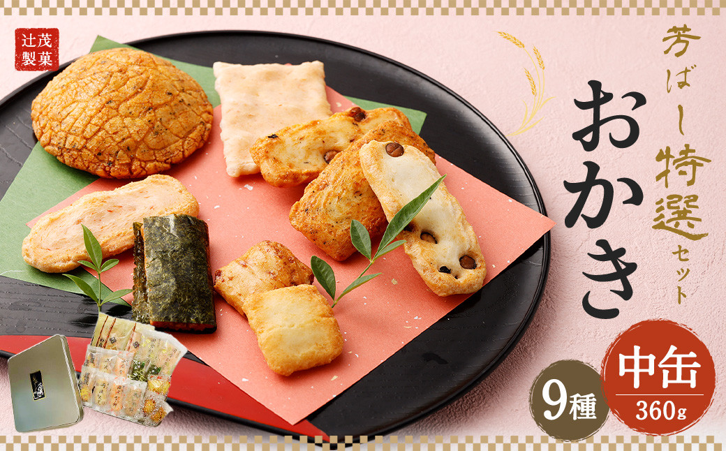 
芳ばし 特選セット 中缶 おかき 9種360g 辻茂製菓 _0717
