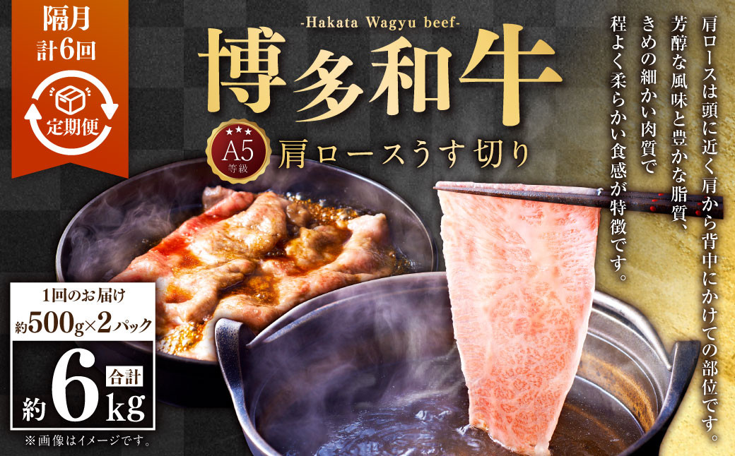 
                  【隔月6回定期便】A5等級 博多和牛肩ロースうす切り 約1kg（500×2パック）合計6kg 牛 肉 牛肩 ロース うす切り すき焼き しゃぶしゃぶ 福岡県 苅田町
                