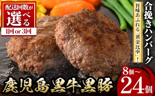 
                  ＜配送回数が選べる！＞鹿児島黒牛黒豚ハンバーグ(8個/24個) 肉 お肉 ぶた ブタ 豚肉 牛肉 ミンチ パック 小分け 冷凍 ハンバーグ はんばーぐ 合挽き あいびき 定期便 頒布会 毎月 全3回 おかず 惣菜 調理 お弁当【さつま屋産業】
                