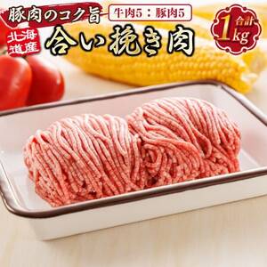 【毎月定期便】連続3回 北海道産 合い挽き肉 合計1kg(牛5:豚5)豚肉のコク旨ひき肉全3回【配送不可地域：離島】【4068012】