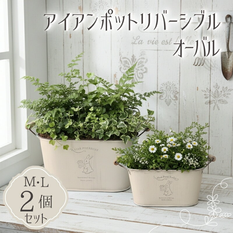 【ふるさと納税】アイアンポット リバーシブル オーバル M L 2個セット ｜ 楕円形 植木鉢 おしゃれ 鉢カバー 止水栓付 寄せ植え フラワーベース 花瓶 プランター アイアン ポット 園芸 ガーデニング アンティーク風 インテリア 大宅産業