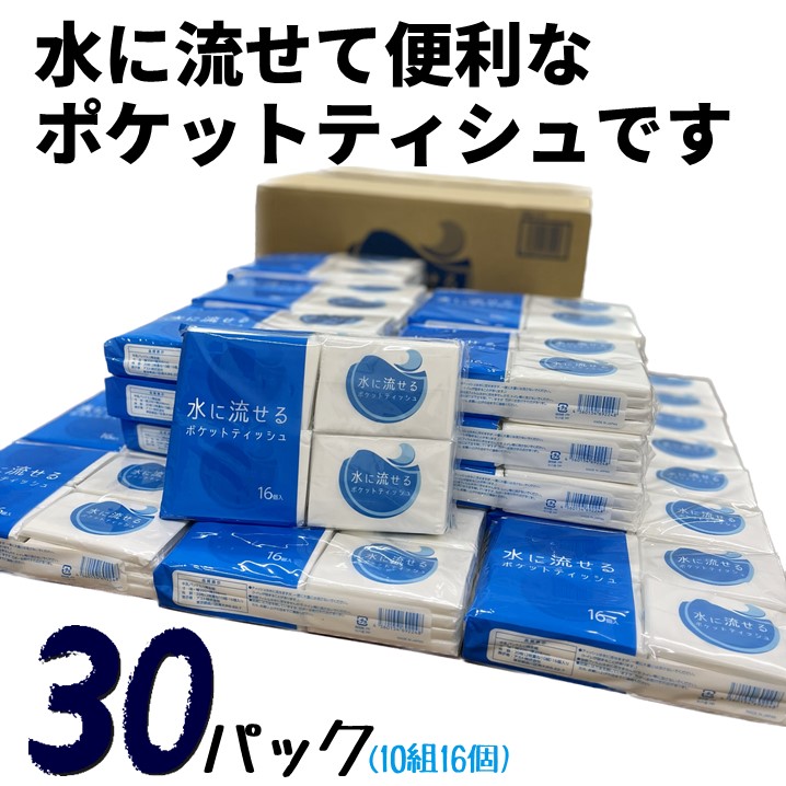 水に流せるポケットティッシュ１６個入り×３０パック　計４８０個）【配送不可地域：沖縄本島・離島】（1975）