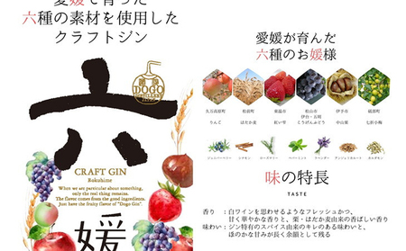 水口酒造 道後ジン「六媛」200ml　クラフトジン スピリッツ 愛媛 お酒 晩酌 家飲み 宅飲み 愛媛県産素材 ボタニカル フレッシュ 華やかな香り 香ばしい香り キレ のかな甘み 