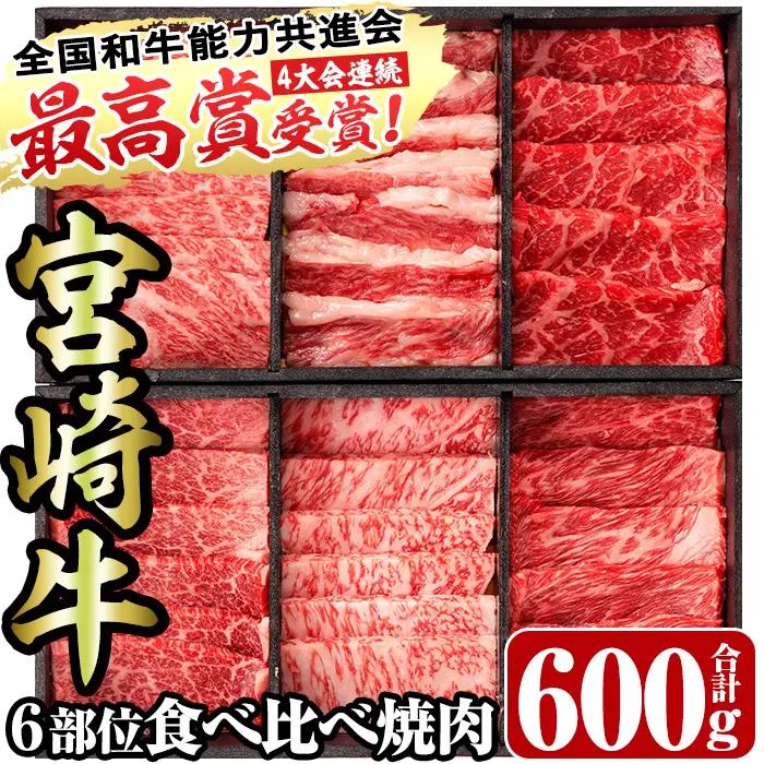 ＜宮崎牛・3D冷凍＞6部位食べ比べ焼肉(合計600g)牛肉  国産 冷凍【R-27】【株式会社ミヤチク】