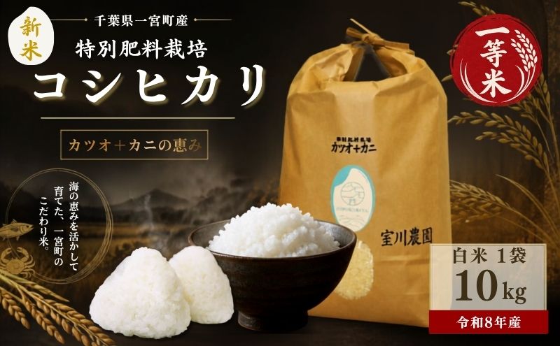 千葉県一宮町産特別肥料栽培『カツオ＋カニ』コシヒカリ（白米１０㎏）令和８年産米【2026年発送分】先行予約　一等米　10kg　１袋　白米　精米　先行予約