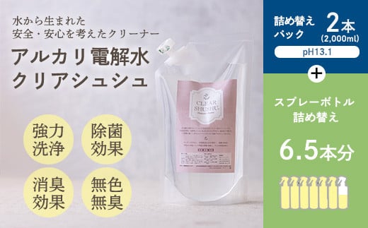 クリアシュシュ 詰め替え用パック(2本) 除菌・消臭効果があるアルカリ電解水 泡立たない洗浄剤 環境に優しい界面活性剤不使用 すすぎ水や二度拭き不要の洗剤 台所の油汚れや酸性の汚れに最適 トイレの皮脂汚れに最適な掃除クリーナー[清掃 業務用 10000円 1万円] TF0750