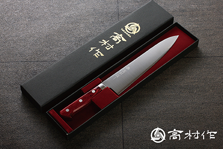 【高村作】鍔付スーパーゴールド ワインレッド柄 牛刀 210mm