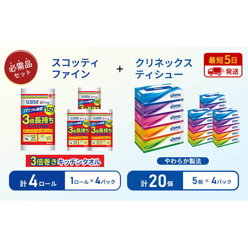【 岩沼市オリジナル 】ティッシュ クリネックス 5箱入 × 4パック キッチンペーパー 4パック入 キッチンタオル スコッティ ファイン 1 ロール 3倍 150カット