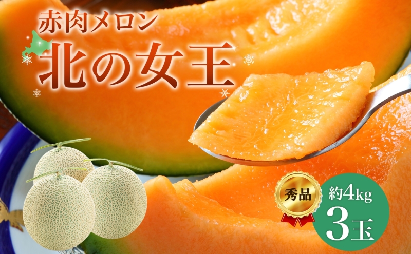 【2025年夏発送】北海道 赤肉メロン 北の女王 秀品 約1.6kg×3玉 計約4kg以上 令和7年 メロン 果物 フルーツ 旬 季節 希少 貴重 甘い 豊潤 国産 デザート 産地直送 ギフト お祝い 贈答品 贈り物 常温 お取り寄せ 送料無料 果物類