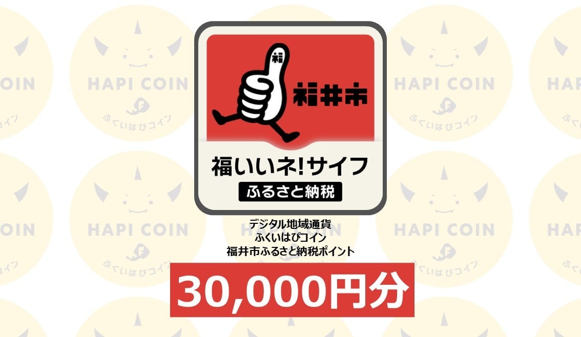 
            「ふくいはぴコイン」福井市ふるさと納税ポイント【30,000円分】 [J-198005] / 選べる金額 デジタル地域通貨 ホテル 観光 レジャー PAY アプリ オンライン キャッシュレス スマホ ポイント スマホ 便利 簡単 デジタル 支払い 地域通貨 送料無料
          