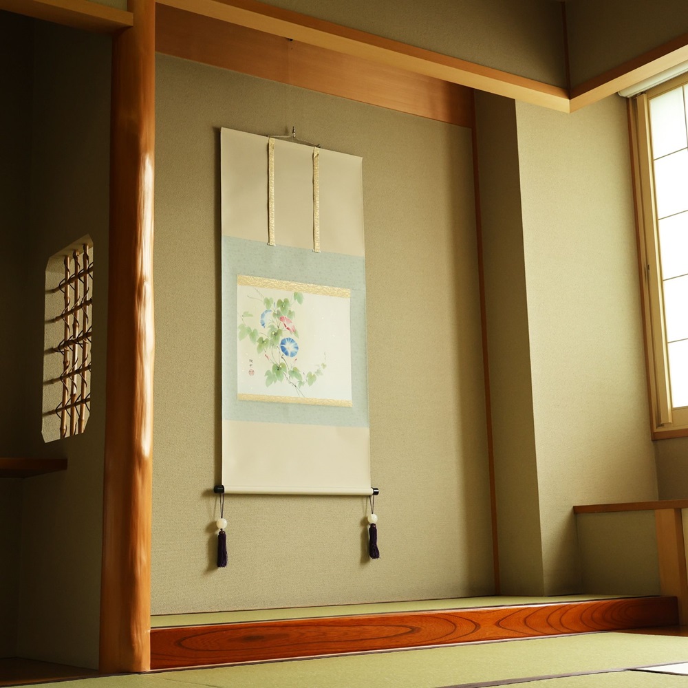 掛け軸「朝顔」佐藤純吉 尺八横 掛軸 [1236]