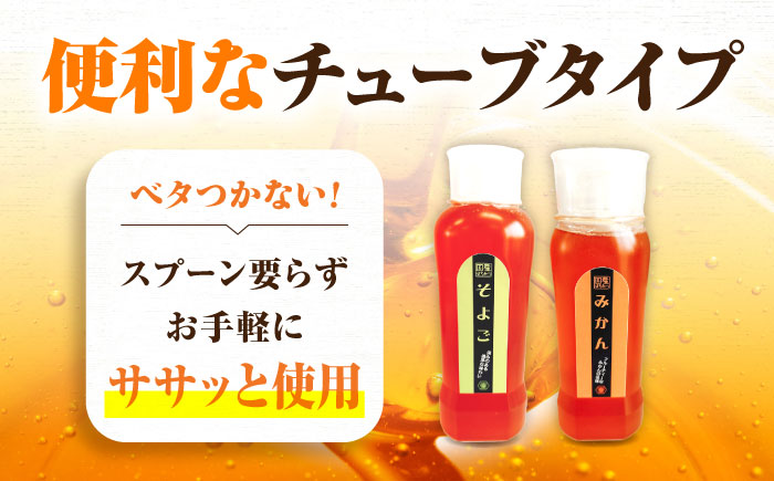 手軽に簡単チューブはちみつ（みかん・そよご）各500g 計2本セット 蜂蜜 ハチミツ お取り寄せ グルメ 三次市/重森養蜂場 [APBO006]
