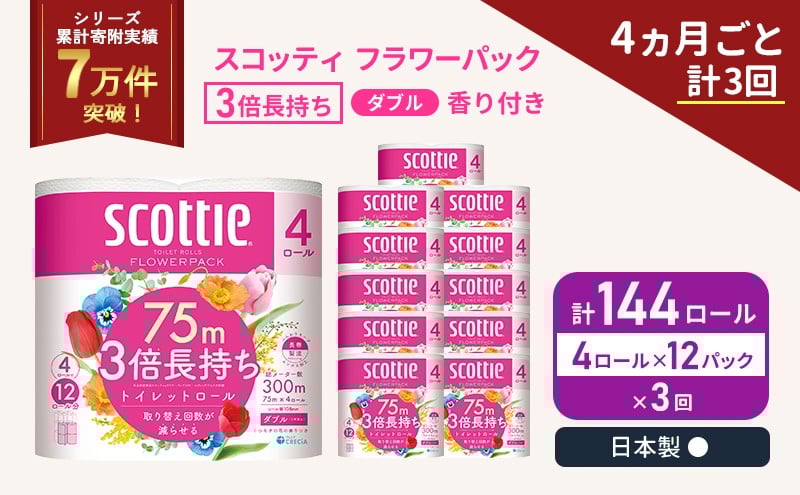 
            定期便 トイレットペーパー ダブル スコッティ 3倍長持ち 4ロール入 × 12パック フラワーパック 香り付き 《 4ヶ月ごと 計  3回 》 [№5704-1068]
          