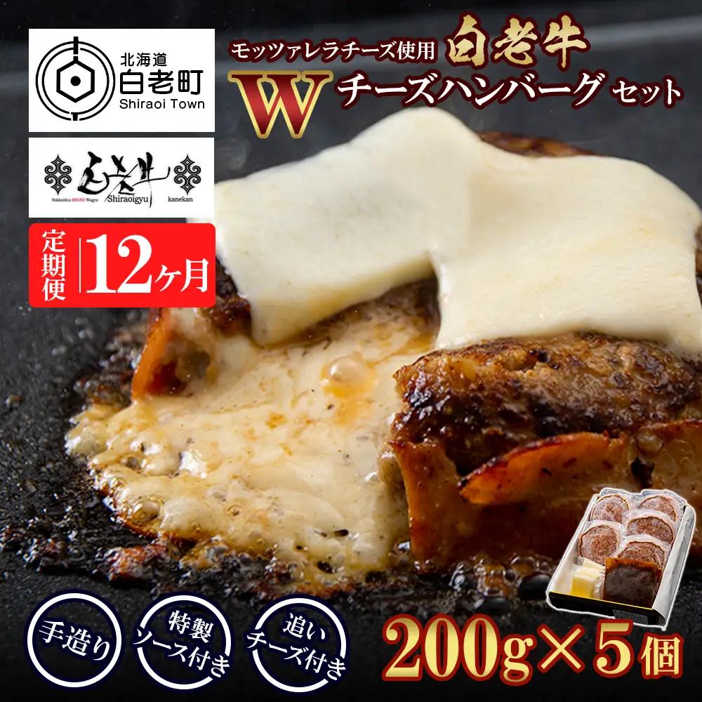 定期便12カ月 お楽しみ 白老牛 Ｗチーズ ハンバーグ セット 5個 BY090