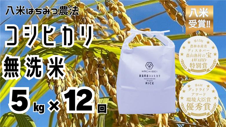 【令和8年産新米予約】【環境大臣賞受賞】【特別賞受賞】12ヶ月定期便 無洗米 はちみつ農法 コシヒカリ 5kg×12回 計60kg 10月中旬より順次発送 1L12157