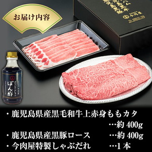 B-011 鹿児島県産黒毛和牛【A-5ランク】＆黒豚しゃぶしゃぶセット（計約800g・たれ付き)※北海道・沖縄配送不可※【今肉屋】