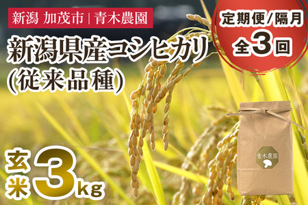 【令和7年産新米先行予約】【定期便3回隔月お届け】新潟県産 コシヒカリ（従来品種）玄米3kg（3kg×1袋）《10月上旬から順次発送》 玄米 白米 きのこ農家ならではの有機質肥料 お米 新潟産 コシヒカリ 加茂市 青木農園