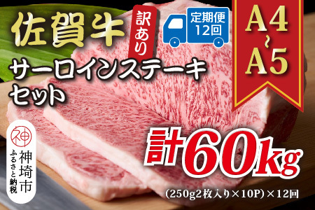 【12か月定期便】訳あり！【A4～A5】佐賀牛サーロインステーキセット 5kg(250g2枚入り×10P)×12回【肉 牛肉 ブランド牛 黒毛和牛 ふるさと納税】(H112222)